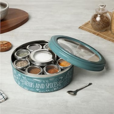 dudki 9 in1 Stainless Steel Herbs Masala Box with Spoons Masala Box for Kitchen Steel 25 Ltr XLarge 225cm