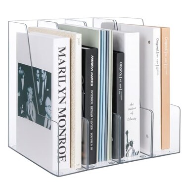 LALOBLUE Vertical Magazine File Holder Clear File Organizer Desk Organizer and Storage Bins Holding for Magazines Binders Notebooks Envelopes Plastic Office Organization and Storage for Desk 4 pack