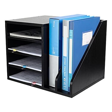 PAG Wood Desktop File Holder Organizer Mail Sorter for File Folders Mails Envelopes Mailing Supplies or Magazines Black
