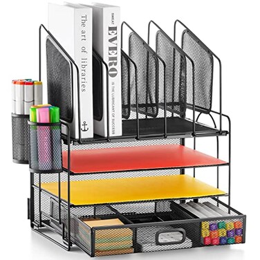 Marbrasse Desk organizer with Drawer 4Tier Mesh File Organizer with 5 Vertical File Holders and 2 Pen Holders Multifunction Desktop OrganizerDesk Organizers and Accessories for Home Office