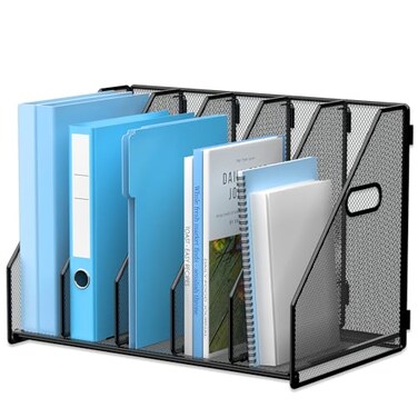 MINDEPOT Desk File Organizer Metal Desk Magazine Folder Holder with 5 Vertical Compartments Rack File Organizer for Office Home School Black