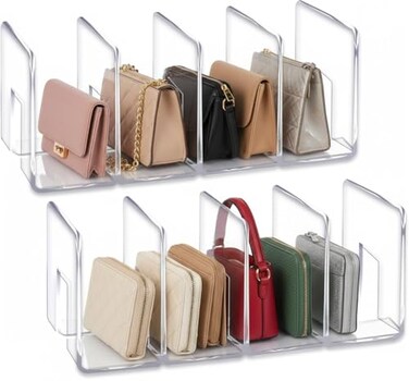 YAGELI Clear Acrylic Purse Organizer for Closet 34 Section Desk File Sorter 295 Wide Slots for Clutches Handbags Binders Folders Sturdy Stackable Bookshelf Organizer