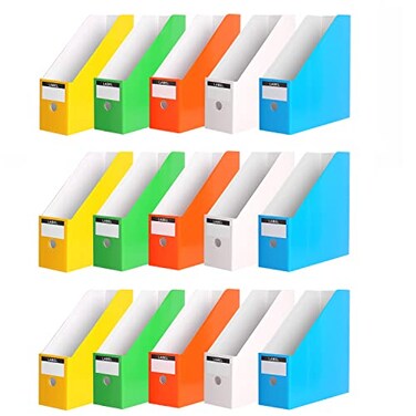 Fiyerna Foldable Desk File Holder Organizer Sturdy Cardboard Magazine Storage Box Document Rack with Blank Label Stickers for Home School Office 15 Multicolor