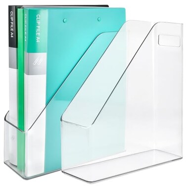 Akamino 2 Pack Acrylic Magazine File HolderA4 Vertical File Organizer with Handle for DeskClear Document Rack File Folder Storage Bin for Home Office School