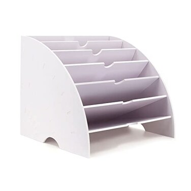 SONGWAY Fan Shaped Desk File Organizer 6 Compartments File Holder for Desktop Magazine Rack Mail Holder File Sorter Paper Organizer for Home Office Classroom White