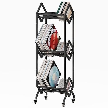 Simoretus 3 Tier Vinyl Record Storage Rack Mobile Black Metal LP Storage Display Stand with Casters Large Capacity Record Holder for Albums Books Magazines and Office Files