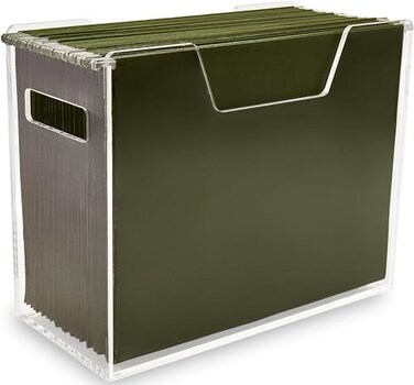 Meicloud Acrylic File Holder Clear Hanging File Organizer Box Modern Acrylic File Folder Organizer Lucite Hanging File Crate Bin with handles Transparent Desktop File Folder Box for Letter Size