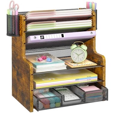 DAOUTIME 6Tier Mesh Desk Organizer with Drawer Wooden Office Organizer for Papers Folders Office Supplies Sturdy Desktop File Holder with 2 Pen Holders Space Saving Home Office Accessories