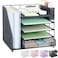 OUTIOE Desk Organizer with Drawer and Pen Holder 5Tier Paper Letter Tray Organizer with File Holder Suitable for Workspace Organizer Office Supplies Storage Black