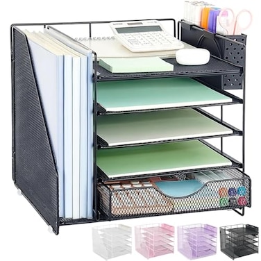 OUTIOE Desk Organizer with Drawer and Pen Holder 5Tier Paper Letter Tray Organizer with File Holder Suitable for Workspace Organizer Office Supplies Storage Black