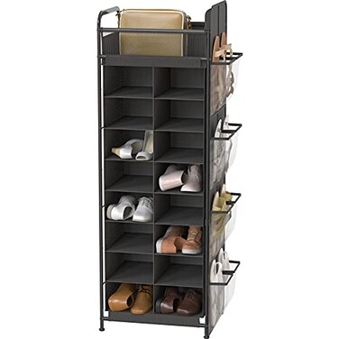 Simple Houseware 16 Cube Shoe Stand Tower Rack 8 Tier with Top Shelf and Side Hanging Pockets Dark Gray