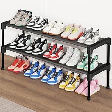 SAN HE Long Shoe RackShoe Organizer 2 Tier Shoe Rack for Closet Front Door Entryway Garage Stackable Free Standing and Freely Combinable Shoe Storage Space Saving Small Shoe Shelves