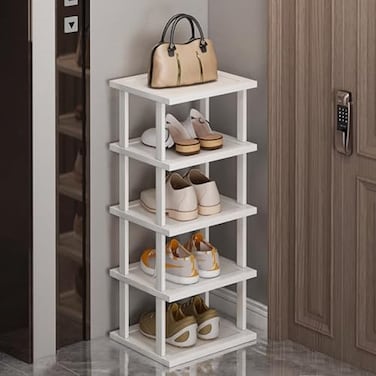 SAN HE Bamboo Shoe Rack 5Tier Vertical White Shoe Rack for Small Spaces Tall Narrow Shoe Rack Organizer for Closet Entryway Corner Garage and BedroomSkinny Shoe Shelf with Free Stackable DIY