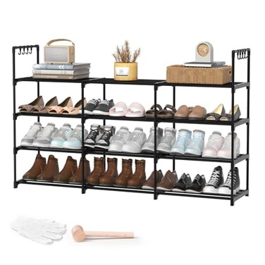 DYJIEKAI 3 Row 4 Tier Long Shoe Rack Black Metal Stackable Shoe Shelf with Multifunctional Hooks Shoe Storage Hold 2430 Pairs Space Saving Shoe Organizer for ClosetWide Shoe Rack