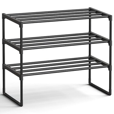 SONGMICS Shoe Rack 3Tier Shoe Organizer Metal Storage Shelf Upright or Upside Down for 812 Pairs Stackable for Entryway 118 x 268 x 217 Inches Black ULSA203B01