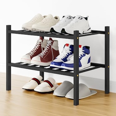 Smiry Small Bamboo Shoe Rack 2 Tier Free Standing Wooden Shoe Organizer Stackable Wood Shoe Storage Shelf for Closet Entryway 12 Vertical Slats Onepiece Standard Legs 173x11x13 Black