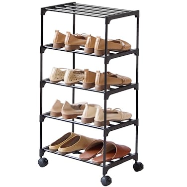 LUCKY OCEAN 5Tier Small Shoe Rack with Wheels SlideOut Metal Shoe Racks Storage AntiRust Coating Stackable Design 169W for Entryway Kitchen Living Room Office Black