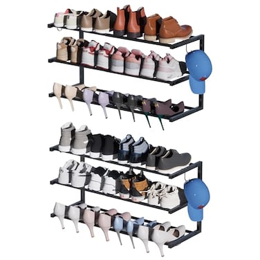 Jchccu 2 Pack Wall Mounted Shoe Rack 3 Tier Hanging Shoe Rack Holds 24 Pairs 1730Adjustable Heavy Duty Shoe Organizer Holder with 4 Storage Hooks Space Saving for Closet Entryway Black Patent Pending