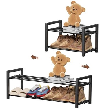 HDDTTZ 2Tier Expandable Shoe RackAdjustable Shoe Shelf Storage Organizer Heavy Duty Metal Free Standing Shoe Rack for Entryway Closet Doorway Black