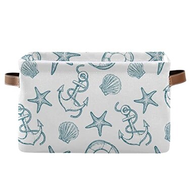 Wamika Coastal Anchor Nautical Theme Storage Basket Fabric Laundry Baskets Starfish Summer Beach Storage Boxes Organizer Bag for Baby Cloth Dog Toy Book Storage Cubes Shelf Closet Bins 16x12x8 Inches