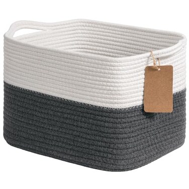Goodpick Woven Storage Basket for Shelves Baskets for Organizing Cotton Rope Baskets with Handles Rectangle Basket for Baby Toy Storage 13 x 10 x 9 Inches White Dark Gray