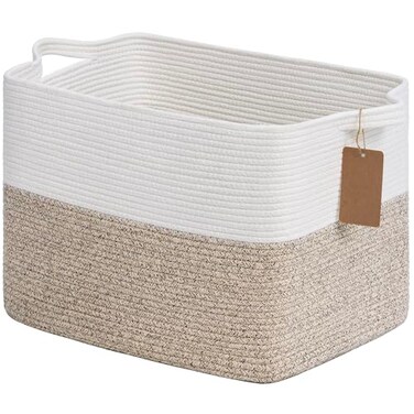 Goodpick Woven Storage Baskets for Organizing Blanket Basket Living Room Rope Baskets for Storage Rectangle Toy Basket With Handles Brown and White 18 x 14 x 12 Inches