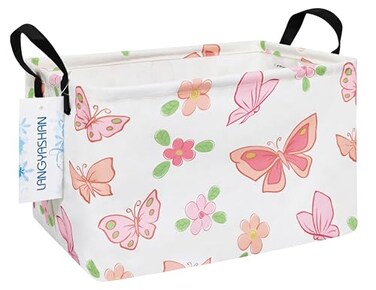 LANGYASHAN Rectangular Storage Bin Collapse Canvas Fabric Cartoon Storage Basket with Handles for Organizing Home Kitchen Boys and Girls Toys Office Closet Shelf Baskets Rec Pink Butterfly