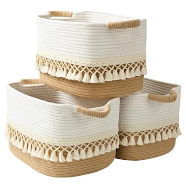 Degeyoyo 2 Pack Storage Basket for Shelves Boho Cotton Rope Storage Bins with Heavy Tassel Shelf Baskets Large Woven Baskets for Organizing Cube Organizer Bins Baby Laundry Basket for Clothes Toys Pet