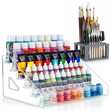 ARFETIGO 6Layer Acrylic Organizer with Brush Holder Easy Assembly Storage Rack for Craft Hobby Miniature Models Light Can Holder Gray