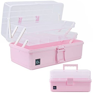 Creahaus 13 inch Art Craft Organizer Storage Box with 3 Layer Multipurpose Plastic Tool Box with Handle for Sewing Art Supply Medicine Nail Hair Accessories Pink
