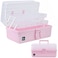 Creahaus 13 inch Art Craft Organizer Storage Box with 3 Layer Multipurpose Plastic Tool Box with Handle for Sewing Art Supply Medicine Nail Hair Accessories Pink