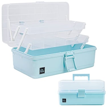 Creahaus 13 inch Art Craft Organizer Storage Box with 3 Layer Multipurpose Plastic Tool Box with Handle for Sewing Art Supply Medicine Nail Hair Accessories Blue