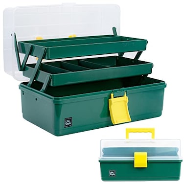 Creahaus 13 inch Art Craft Organizer Storage Box with 3 Layer Multipurpose Plastic Tool Box with Handle for Sewing Art Supply Medicine Nail Hair Accessories Dark Green