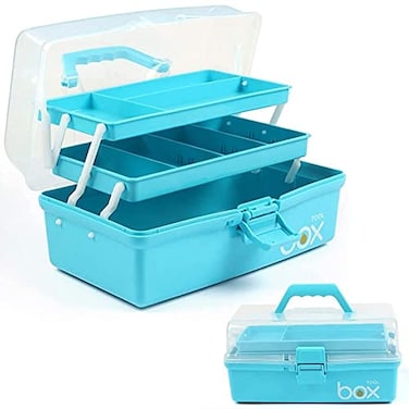 TERGOO 12in 3Layer Plastic Craft Organizers and Storage Portable Folding Tackle Box with Handle Adjustable Dividers Multipurpose Case for Sewing Art Supplies Medicine Tools Blue