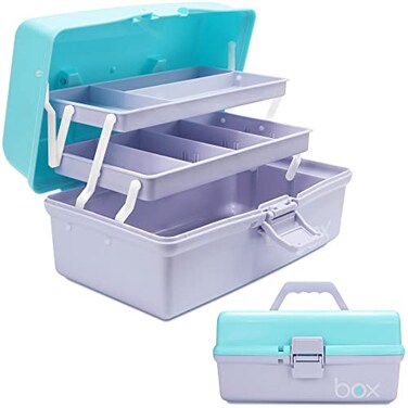 TERGOO 12in 3Layer Plastic Craft Organizers and Storage Portable Folding Tackle Box with Handle Adjustable Dividers Multipurpose Case for Sewing Art Supplies Medicine Tools Purple Blue