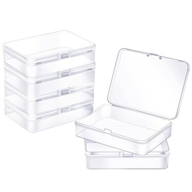 ZORRITA 6 Pack Small Plastic Containers with Hinged Lids Rectangle Clear Plastic Storage Boxes for Beads Jewelry Game Pieces and Crafts Items 45 x 33 x 11 Inch
