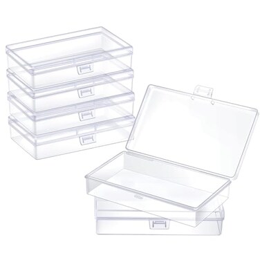 ZORRITA 6 Pack Small Plastic Containers with Hinged Lids Rectangle Clear Storage Boxes for Beads Jewelry Game Pieces Crafts Items and Office Supplies 52 x 3 x 12Inch