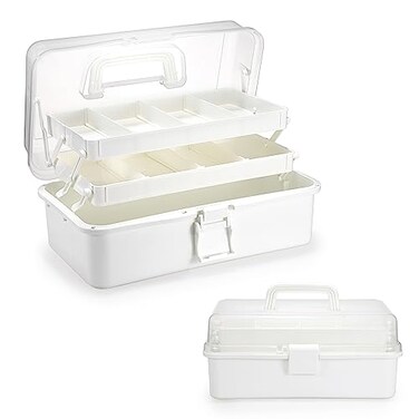 BTSKY 3Layer Plastic Dividing Storage Box Craft Organizer with Adjustable Spacers Portable Handled Art Supply Organizer Multipurpose Home Utility Box for Medicine Box Sewing Box Beige White