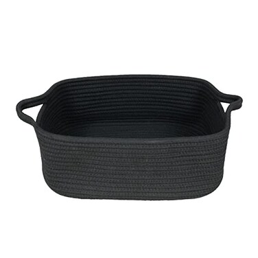 XUANGUO Woven Cotton Rope Storage Basket with Handles for Organizing Shelves Closet Small Cat Dog Pet Toy Basket Box Bin Decorative Rectangle Baby Nursery baskets Gift Baskets Empty Black