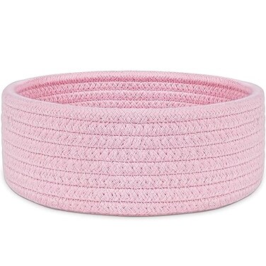 ABenkle Small Woven Basket Empty Tiny Shallow Storage Baskets Mini Cotton Rope Baskets Round Decorative Hamper Basket Storage Bins for Toys Spa Socks Nursery Living Room Pink