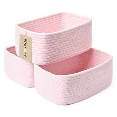 MiniArk Small Storage Baskets for Organizing Closet Organizer Bins Shelf Toy Basket Woven Rope Baskets Cube Decorative Box Shallow Basket 115x75x47 3 Packs Light Pink