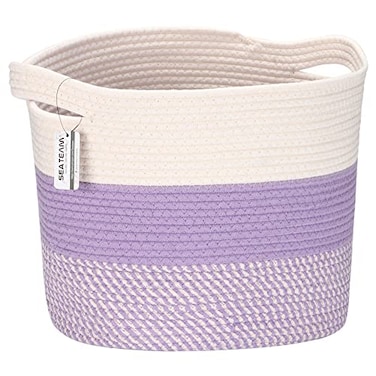 Sea Team Oval Large Cotton Rope Woven Storage Basket with Handles White Mottled Lavender 16 x 13 inches