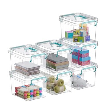 Covetree 7 Pack Small Storage Bins Plastic Storage Container Stackable Box with Lidswith Handle Clear Plastic Container for Suitable for storing snacks tools cosmetics toys