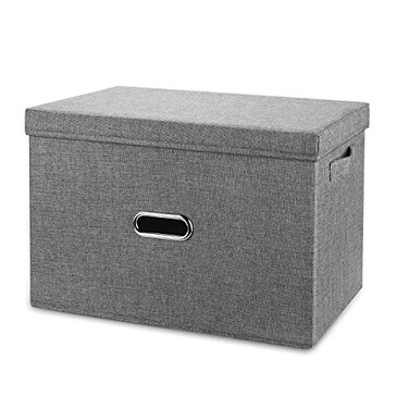 Valease Linen Fabric Collapsible Storage Bins with Removable Lids and Handles Washable Storage Box Containers Baskets Cube with Cover for BedroomClosetOfficeLiving RoomNursery Grey Small