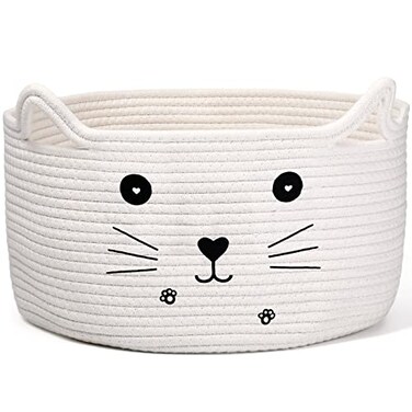 Zopeal Cat Basket Storage Woven Organizer with Ears Easter Decorative Gift Pet Toy Cute Cotton Rope Basket for Gift Cat Dog Toy Bin Nursery Room137 x 78 InchWhite