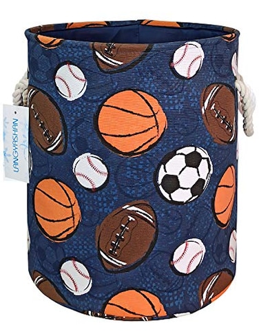LANGYASHAN Laundry Basket Canvas Collapsible Organizer Storage Basket for Boys Girls Laundry Hamper Toy Bins Gift Baskets Bedroom Clothes Children Nursery Navy Ball Game