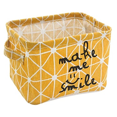Mziart Small Foldable Canvas Storage Basket Cotton Fabric Mini Portable Storage Bin Nursery Organizer Box for Makeup Toys Shelves Desks Yellow