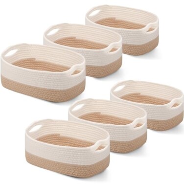 Sawysine 6 Pcs Storage Baskets Bulk for Organizing Cotton Rope Woven Basket with Handles for Gift Cloth Shelves Blanket Toys Living RoomKhaki and White