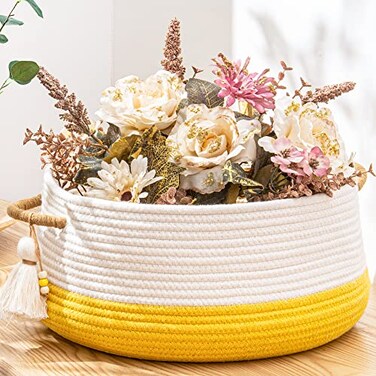 KAKAMAY Woven Baskets for Storage16x8Blanket Basket for Organizing Living RoomCotton Rope Basket Woven Baby Laundry HamperCollapsible Laundry Room OrganizationClothesToy ChestYellow