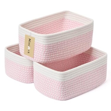 MiniArk Small Storage Baskets for Organizing Closet Organizer Bins Shelf Toy Basket Woven Rope Baskets Cube Decorative Box Shallow Basket 115x75x47 3 Packs White Pink